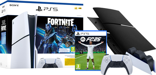 PS5 Slim Disc Edition + Fortnite Voucher + FC 25  + Covers Black + Extra Controller White Main Image