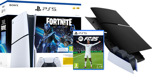 PlayStation 5 Slim Disc Edition + Fortnite Voucher + FC 25 + Covers Black + Charging Dock Main Image