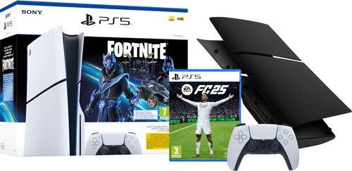 PS5 Slim Disc Edition + Fortnite Voucher + FC 25  + Covers Zwart + Extra Controller Wit Main Image