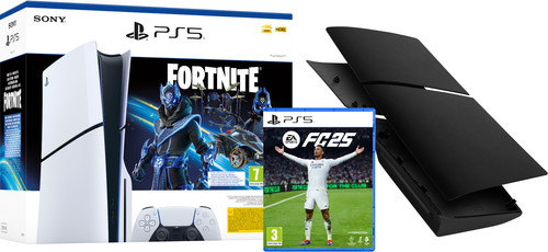 PlayStation 5 Slim Disc Edition + Fortnite Voucher + FC 25 + Covers Zwart Main Image