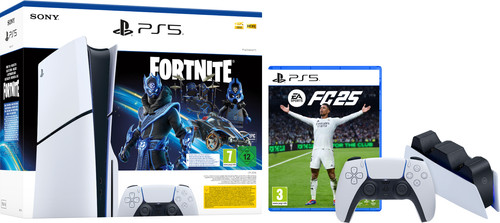 PS5 Slim Disc Edition + Fortnite Voucher + FC 25 + Extra Controller Wit + Oplaadstation Main Image