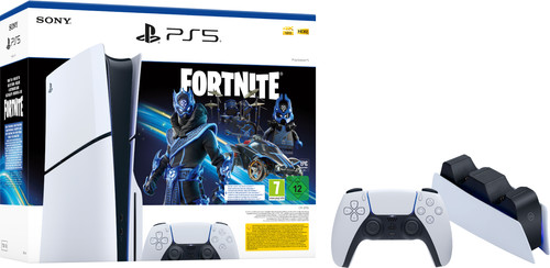 PlayStation 5 Slim Disc Edition + Fortnite Voucher + Extra Controller white + Charging Dock Main Image