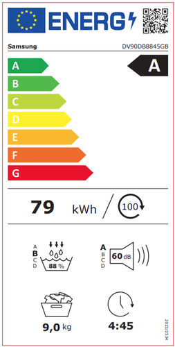 Samsung DV90DB8845GBU3 Bespoke Silent Dry energy label