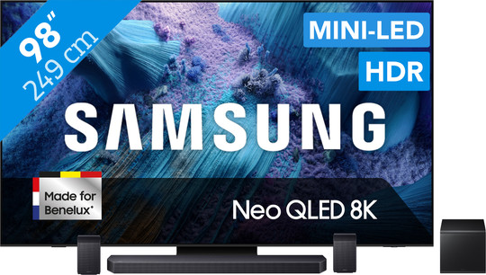 Samsung 98 inch Neo QLED QN990F 8K (2025) met Samsung HW-Q930F-soundbar, subwoofer en achterspeakers