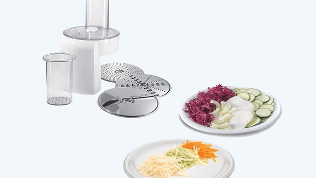 Food processor attachment with grater and blades