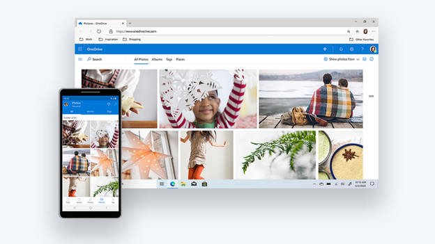 OneDrive op laptop en telefoon.