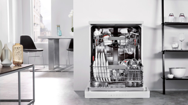 Open dishwasher with dishes