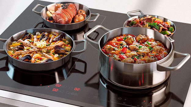 Pans on a cooktop