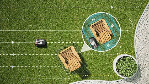 Robotmaaier manoeuvreert om een tuinstoel heen