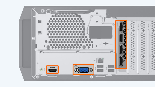 VGA, DisplayPort, HDMI en DVI aansluiting. 