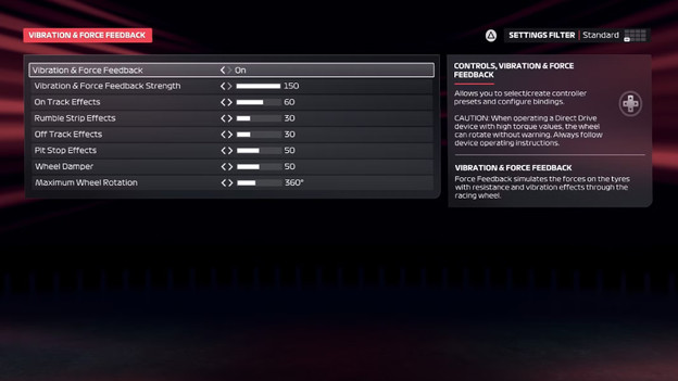 force feedback controller instellingen f1 25