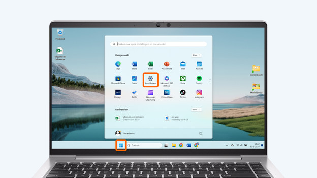 Klik op de Windows knop en ga naar 'Instellingen'.