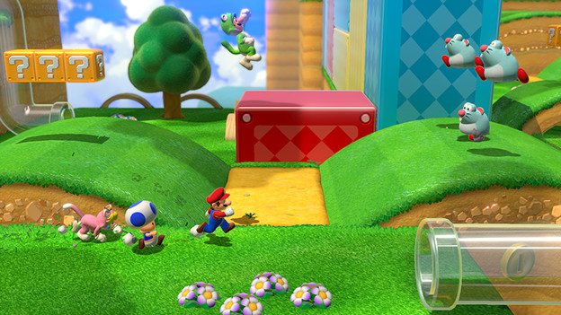 Mario, Toad en Princess Peach in roze kattenpak rennen door een Super Mario 3D World level richting een glazen pijp.
