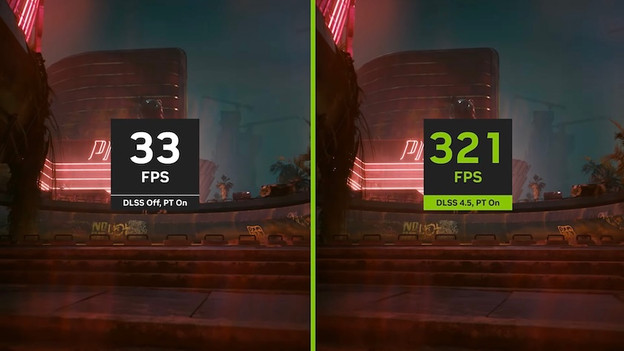 Screenshot van de NVIDIA DLSS 4.5 demo-video, waarop het FPS-verschil met en zonder DLSS te zien is.