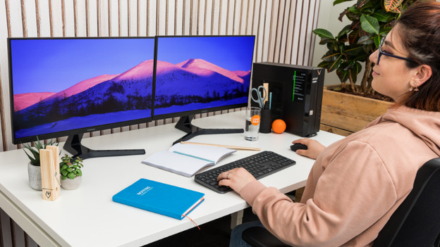 Vrouw werkt op desktop. 
