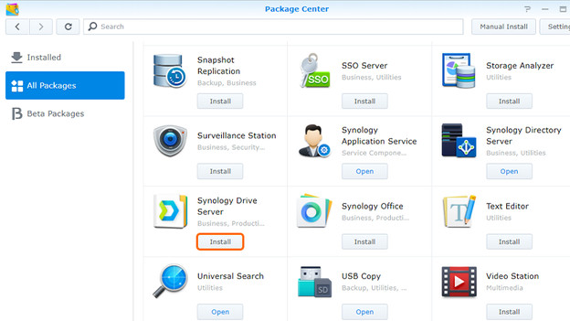 Synology package centre for the Drive server