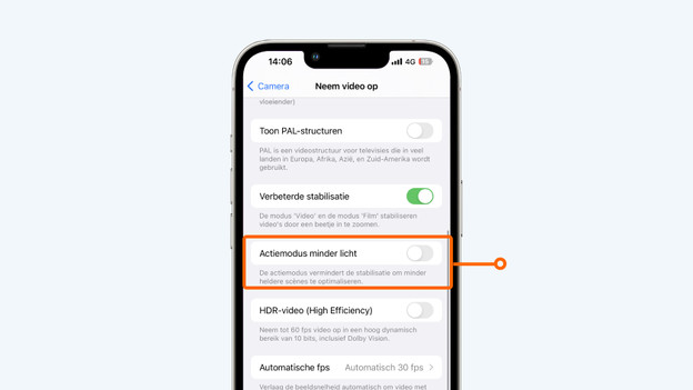 actiemodus minder licht aanzetten
