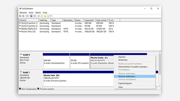 Volume verkleinen in Windows schijfbeheer