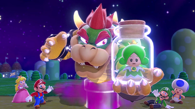 Bowser ontvoert een groene Sprixie in Super Mario 3D World. Peach, Mario, Luigi en Toad schrikken hiervan.