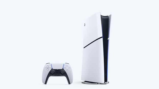 PlayStation 5: glossy white with a blue glow