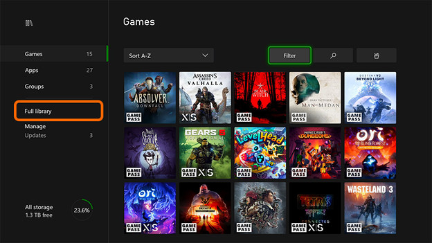 Complete game library on the Xbox Series X for downloading digital Xbox One games.