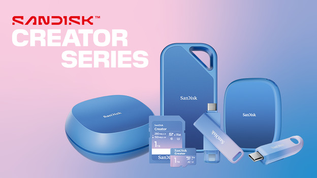 SANDISK Creator series banner met externe ssd's, geheugenkaarten en usb sticks