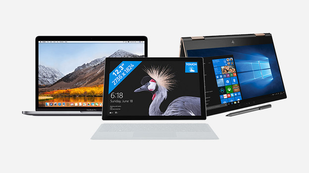 MacBook, Surface, and HP laptop.