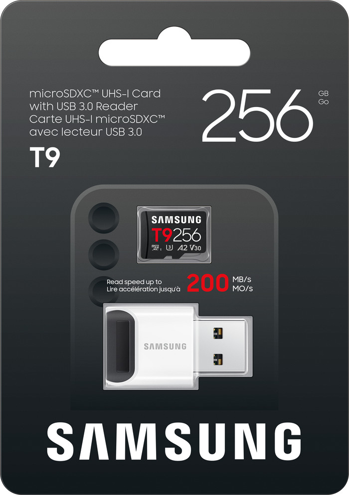 Samsung MicroSDXC T9 256GB 200MB/s + USB lezer verpakking