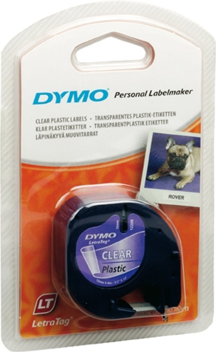 DYMO LetraTag Lettertape 12mm x 4m Zwart Transparant voorkant