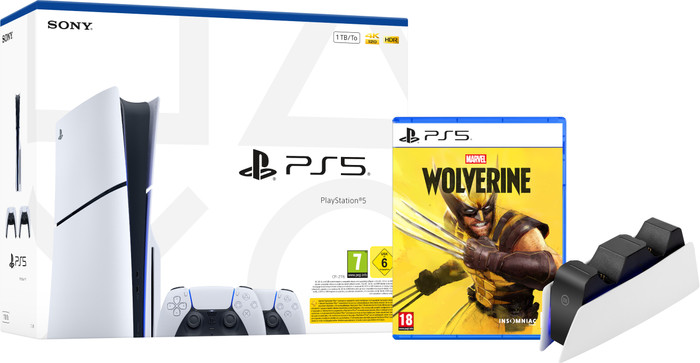 PlayStation 5 Slim Disc  + Marvel's Wolverine + Extra Controller Wit + Oplaadstation Main Image