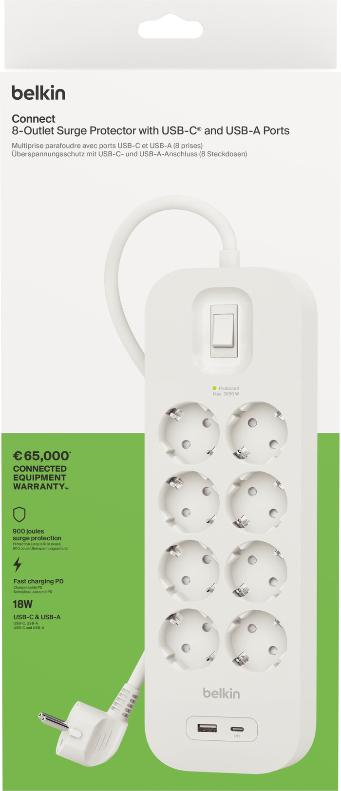 Belkin Stekkerdoos 8-voudig 2 meter met usb A/C 18W Wit verpakking
