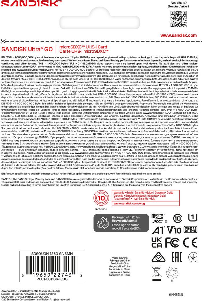 SANDISK Ultra GO microSDXC 128GB 190MB/s verpakking