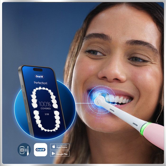 Oral-B iO Series 6N Light Pink + Extra iO Gentle Care Brush Attachment product in use
