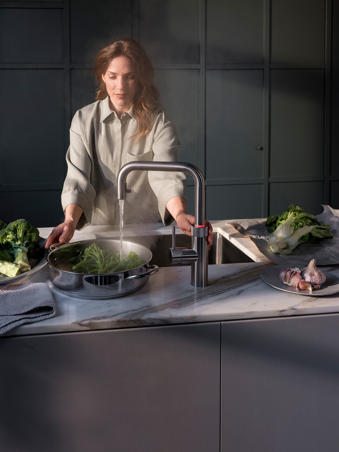 Quooker COMBI+ and Quooker Flex Square Stainless Steel and Quooker CUBE product in use