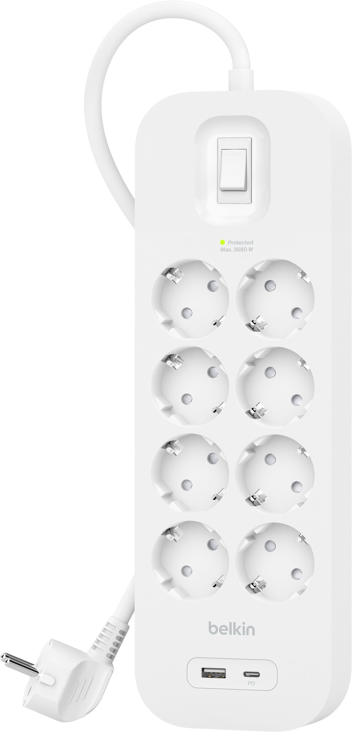 Belkin Stekkerdoos 8-voudig 2 meter met usb A/C 18W Wit Main Image