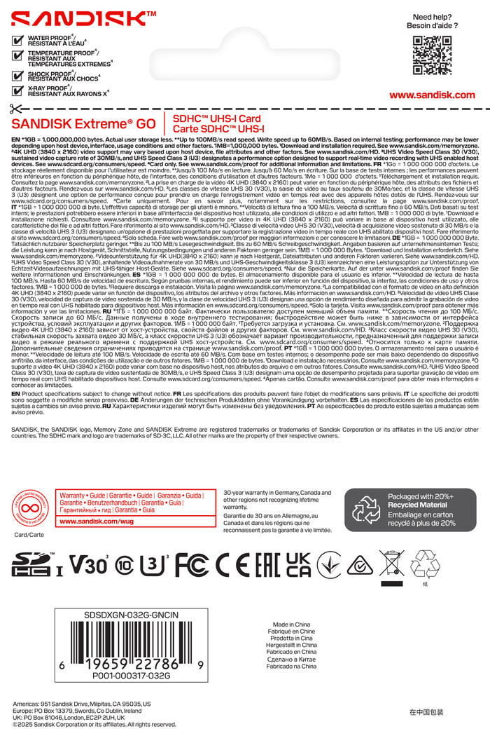 SANDISK Extreme GO SDHC 32GB 100MB/s verpakking