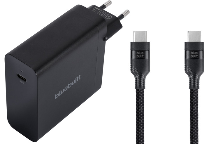 BlueBuilt 140W GaN USB-C Charger Black + USB-C cable 240W 2m Nylon Black Main Image