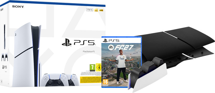 PS5 Slim Disc Edition + FC 27 + Covers Zwart + Extra Controller Wit + Oplaadstation Main Image