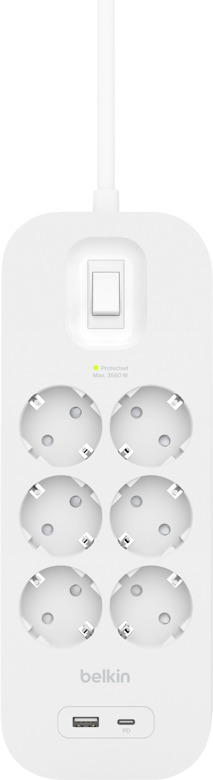 Belkin Stekkerdoos 6-voudig 2 meter met usb A/C 18W Wit bovenkant