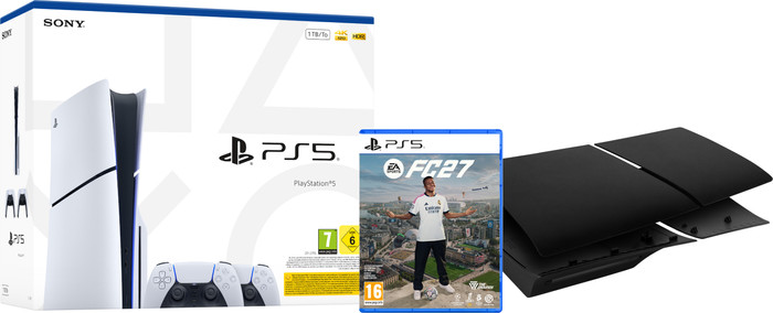 PlayStation 5 Slim Disc Edition + FC 27 + Covers Zwart + Extra Controller Wit Main Image