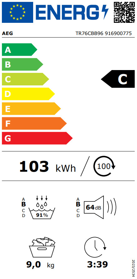 AEG TR76CBB96 SensiDry energielabel