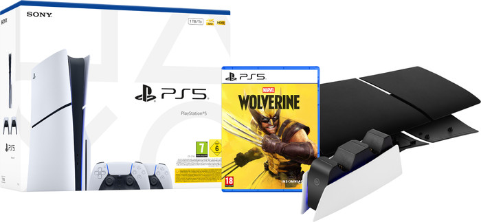 PS5 Slim Disc + Marvel's Wolverine + Black Covers + Extra White Controller + Charging Station Main Image