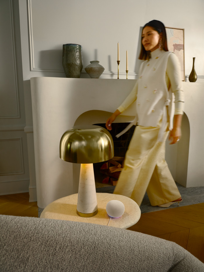 Google Home Speaker Crème product in gebruik