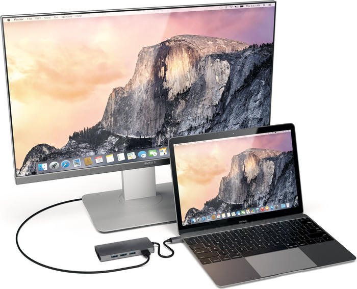 Satechi USB-C to USB-A, Ethernet, and HDMI Dock Space Gray product in use