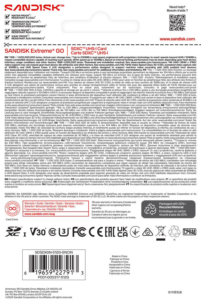 SANDISK Extreme GO SDXC 512GB 230MB/s verpakking