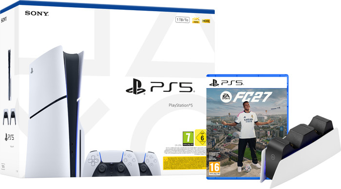 PlayStation 5 Slim Disc Edition + FC 27 + Extra Controller Wit + Oplaadstation Main Image