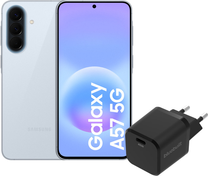 Samsung Galaxy A57 256GB Lichtblauw 5G + BlueBuilt Oplader met Usb C Poort 45W Zwart Main Image