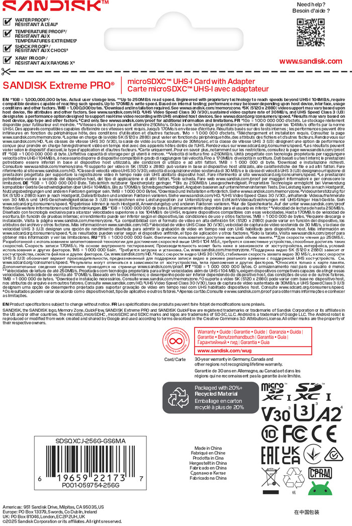 SANDISK Extreme PRO microSDXC 256GB 250MB/s verpakking