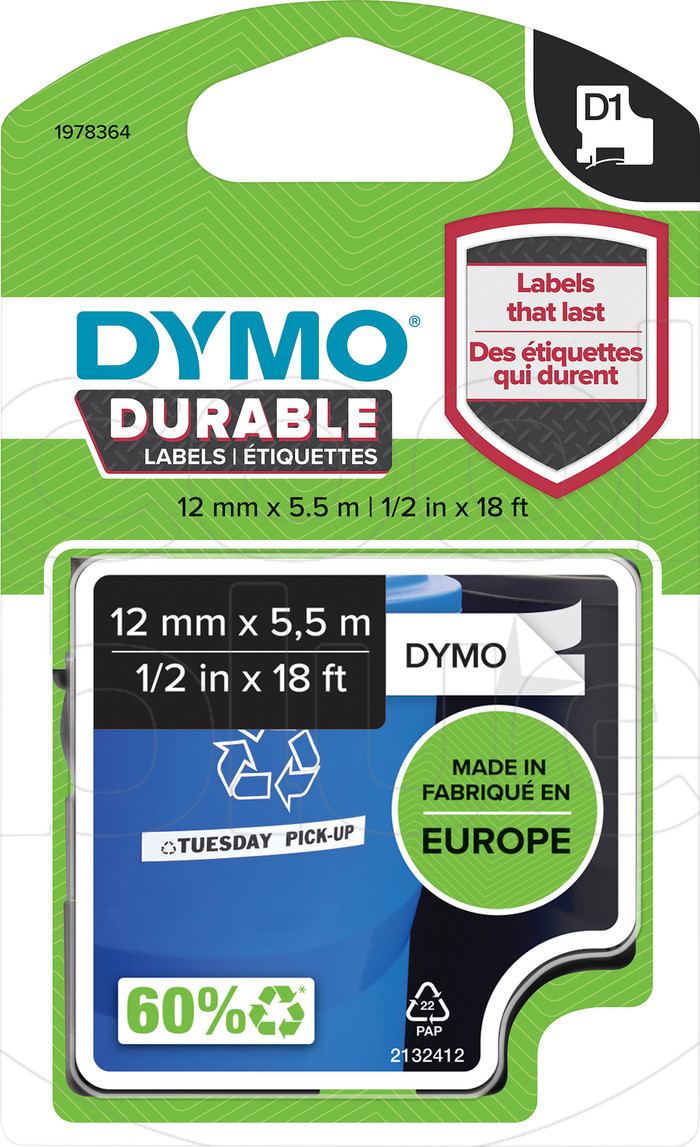 DYMO Duurzame D1 Tape 12 mm x 5,5 m Zwart Wit Label Main Image