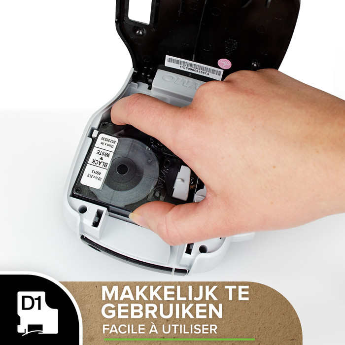 DYMO Duurzame D1 Tape 12 mm x 5,5 m Zwart Wit Label detail